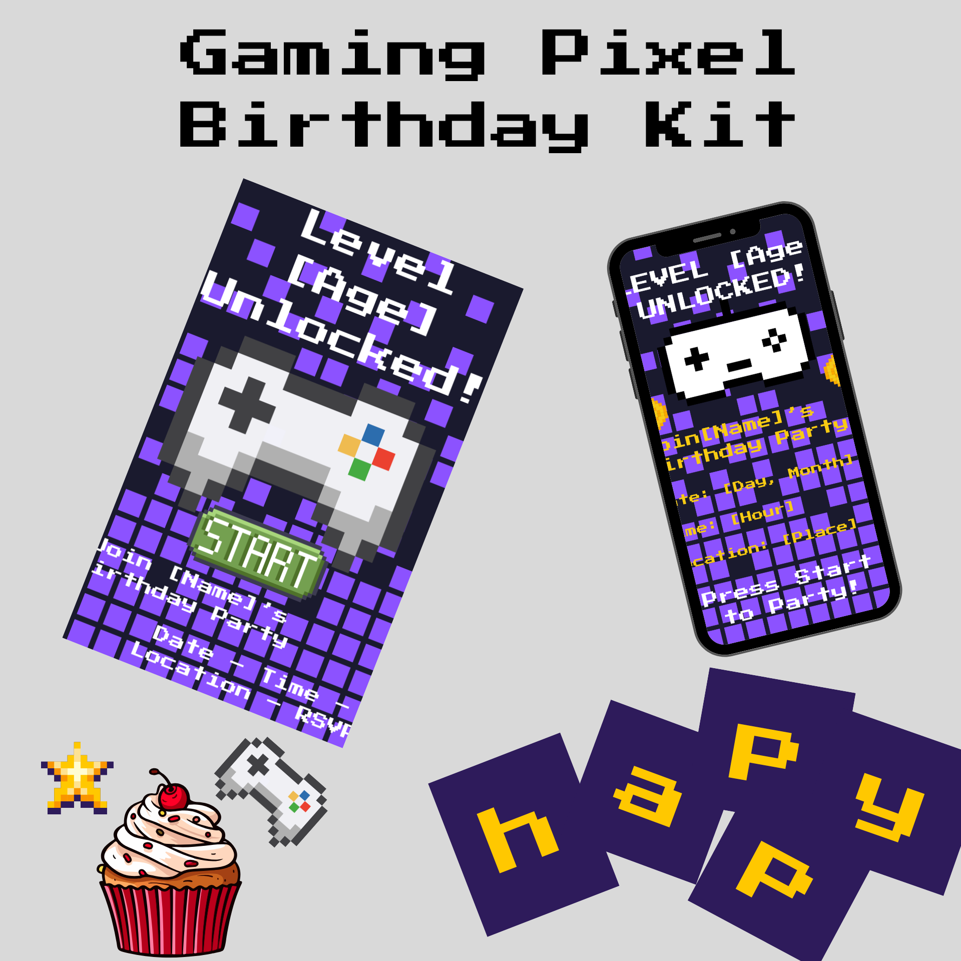 🎮 Gaming Pixel Birthday Party Kit – Digital Invitations, Banner, Toppers & Cards
