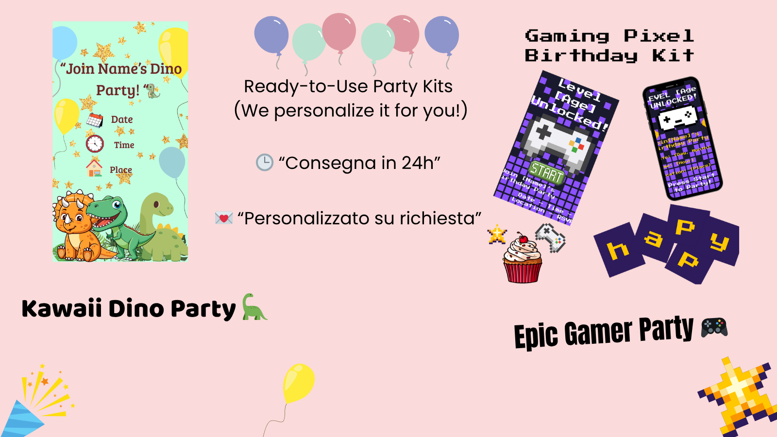 🎮 Gaming Pixel Birthday Party Kit – Digital Invitations, Banner, Toppers & Cards