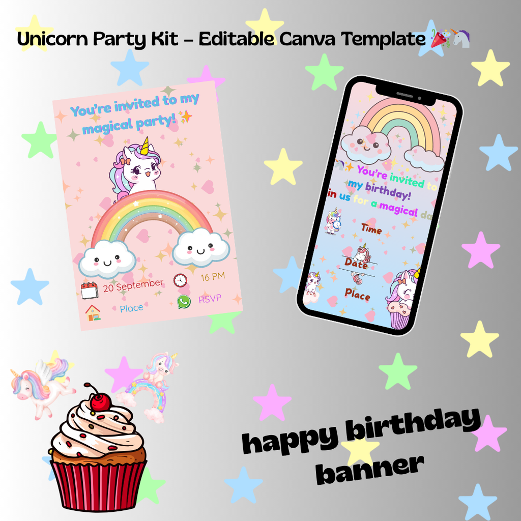 🎉 Personalized Unicorn Party Kit – Magical Invitations & Decorations | Customized for You 🦄✨