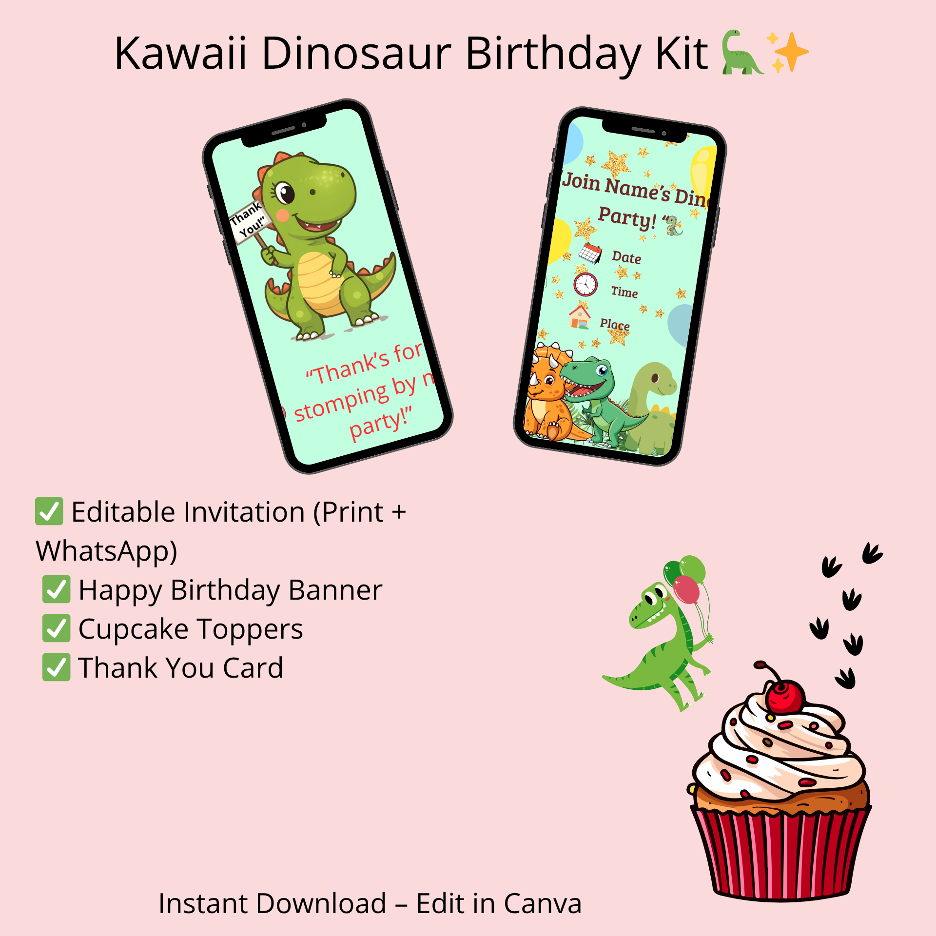 Kawaii Dinosaur Birthday Party Kit – Digital Download