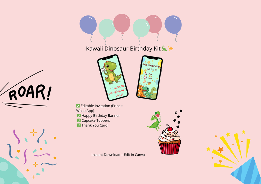 🦖 Dinosaur Kawaii Party Kit – Personalized for You 🎉