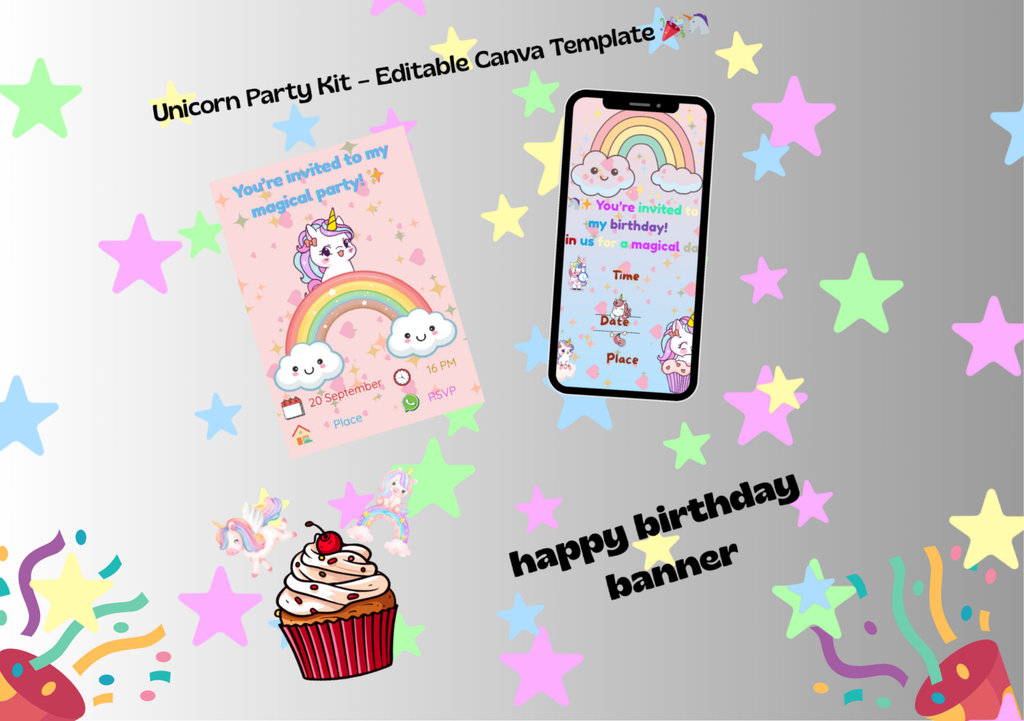 🎉 Personalized Unicorn Party Kit – Magical Invitations & Decorations | Customized for You 🦄✨